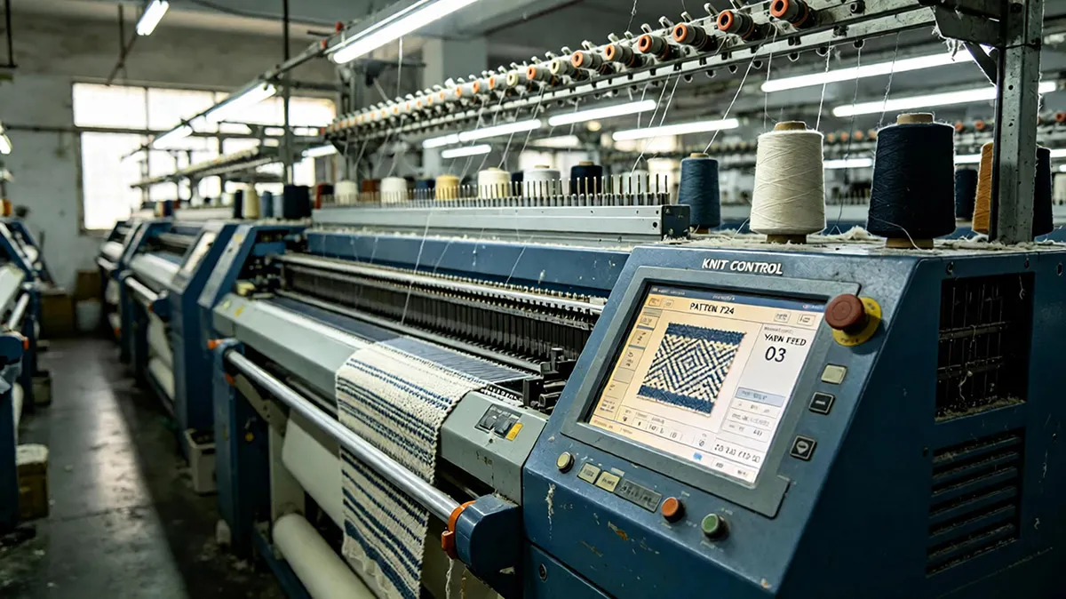 Automated computerized knitting machine operating inside a Dalang sweater factory