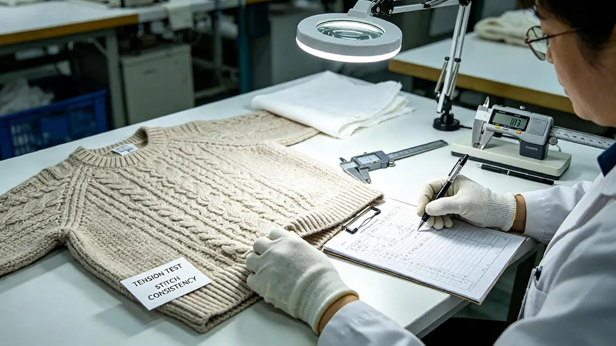 Quality control inspector evaluating sweater stitch tension at a Dongguan apparel manufacturer