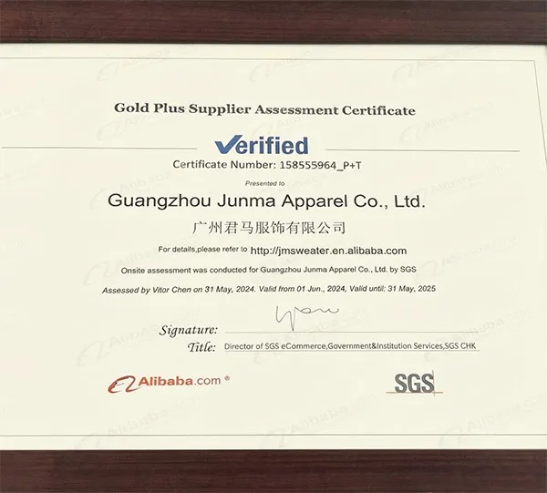 Alibaba Gold Plus Supplier Assessment Certificate for Guangzhou Junma Apparel Co., Ltd.