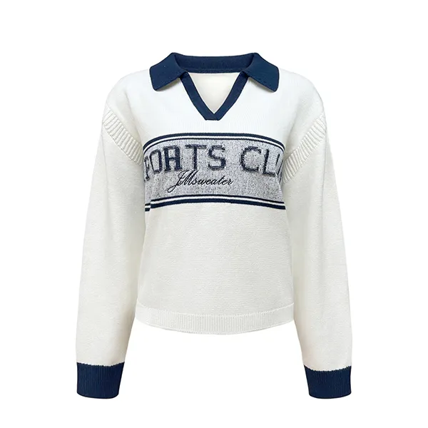 v-neck polo knit sweater with drop shoulder blue