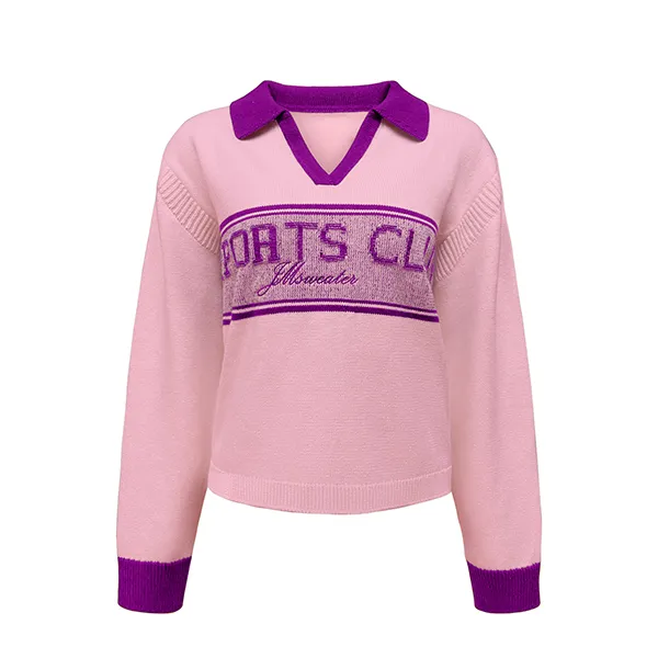 v-neck polo knit sweater with drop shoulder pink