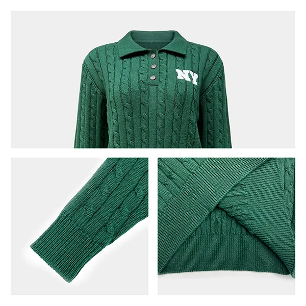 cable knit varsity polo pullover with button placket knitting details