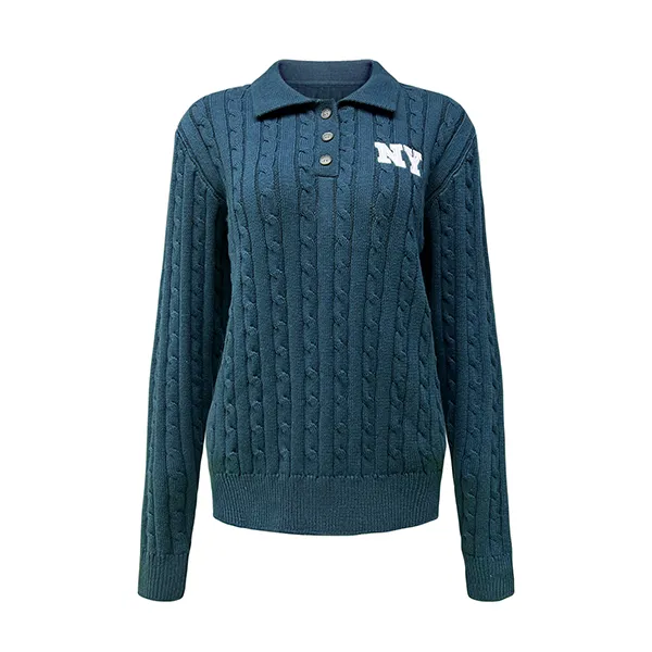 cable knit varsity polo pullover with button placket blue