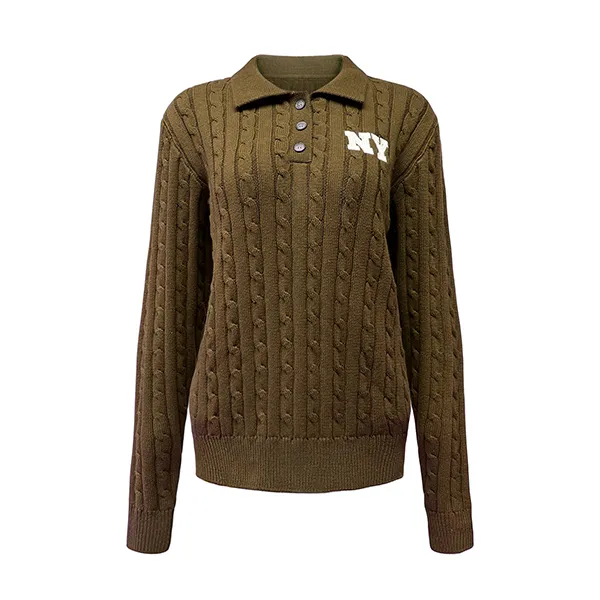 cable knit varsity polo pullover with button placket brown