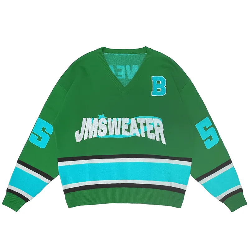 custom varsity v-neck sweater retro intarsia knit pullover