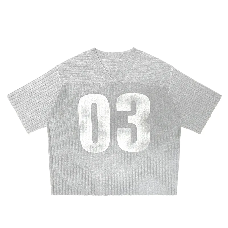 custom varsity v neck short sleeve ribbed knit sweater