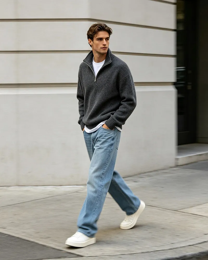 Grey half-zip pullover sweater with jeans and sneakers