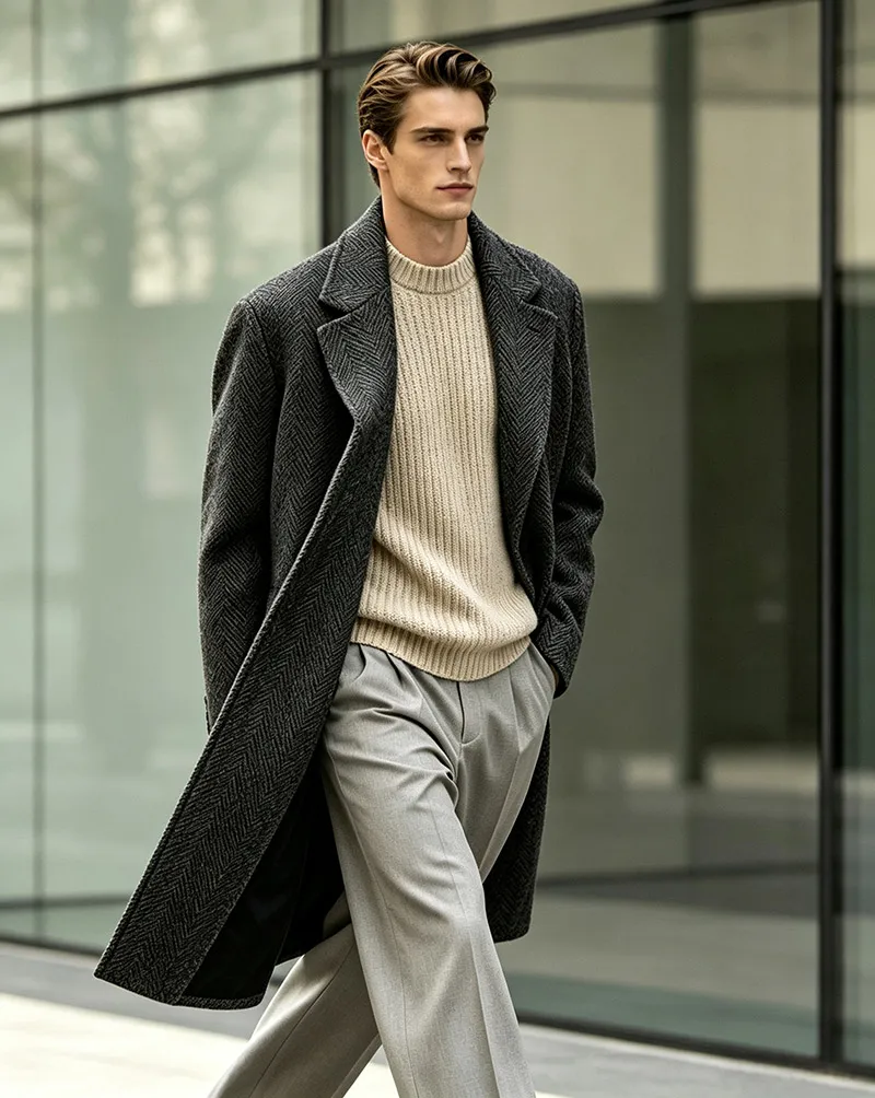 Oatmeal crewneck sweater layered under a dark grey coat