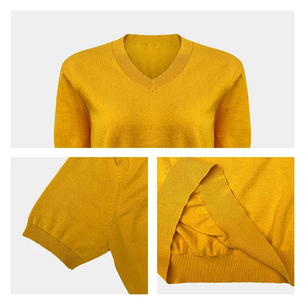 short sleeve v-neck knit pullover with ribbed cuffs knitting details