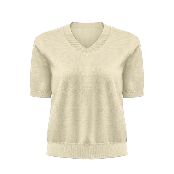 short sleeve v-neck knit pullover with ribbed cuffs white