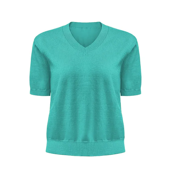 short sleeve v-neck knit pullover with ribbed cuffs cyan