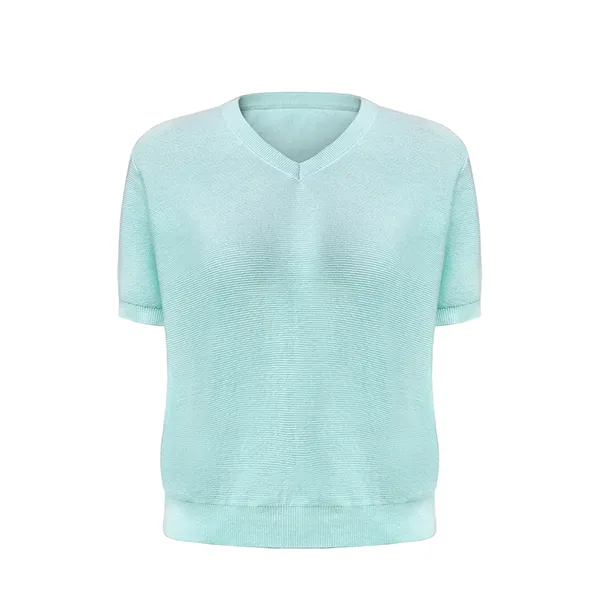 v-neck short sleeve fine knit pullover cyan