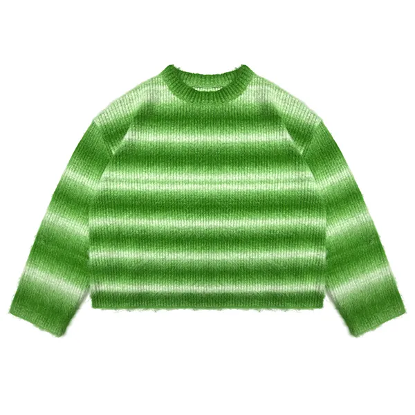 cropped fuzzy ribbed crew neck pullover with stripes green