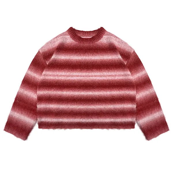 cropped fuzzy ribbed crew neck pullover with stripes red