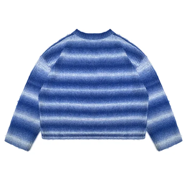 cropped fuzzy ribbed crew neck pullover with stripes back