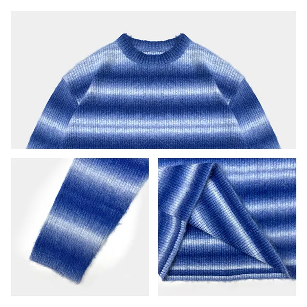 cropped fuzzy ribbed crew neck pullover with stripes knitting details