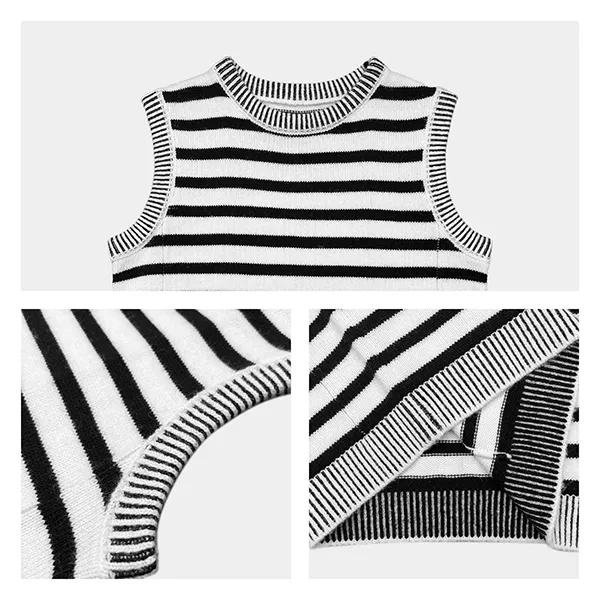 sleeveless striped knit vest with ribbed trims knitting details