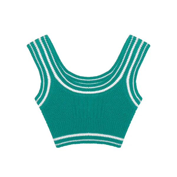 varsity style sleeveless cropped knit top with striped trims cyan
