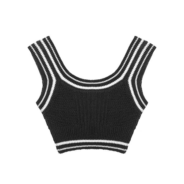 varsity style sleeveless cropped knit top with striped trims back
