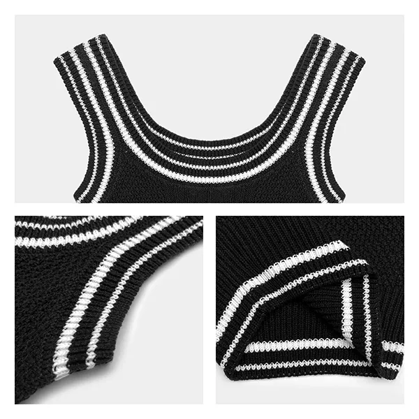 varsity style sleeveless cropped knit top with striped trims knitting details