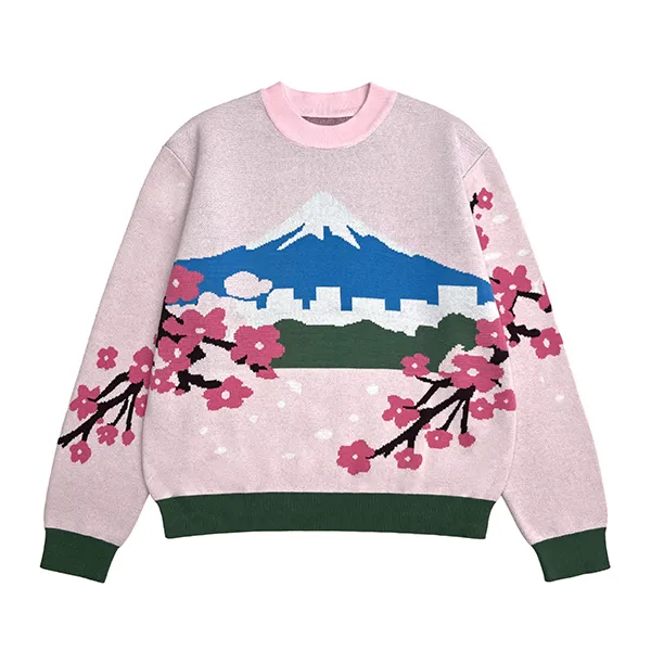 pink oversized streetwear sweater featuring custom mount fuji and cherry blossom jacquard pattern
