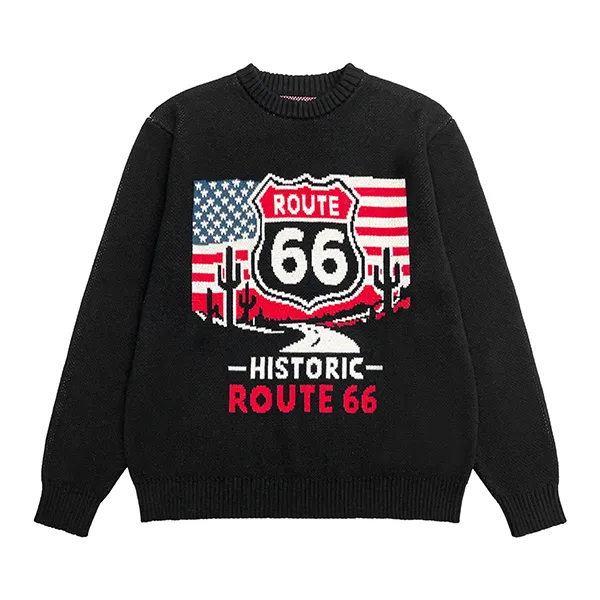 black heavy gauge knitted sweater with custom historic route 66 graphic print