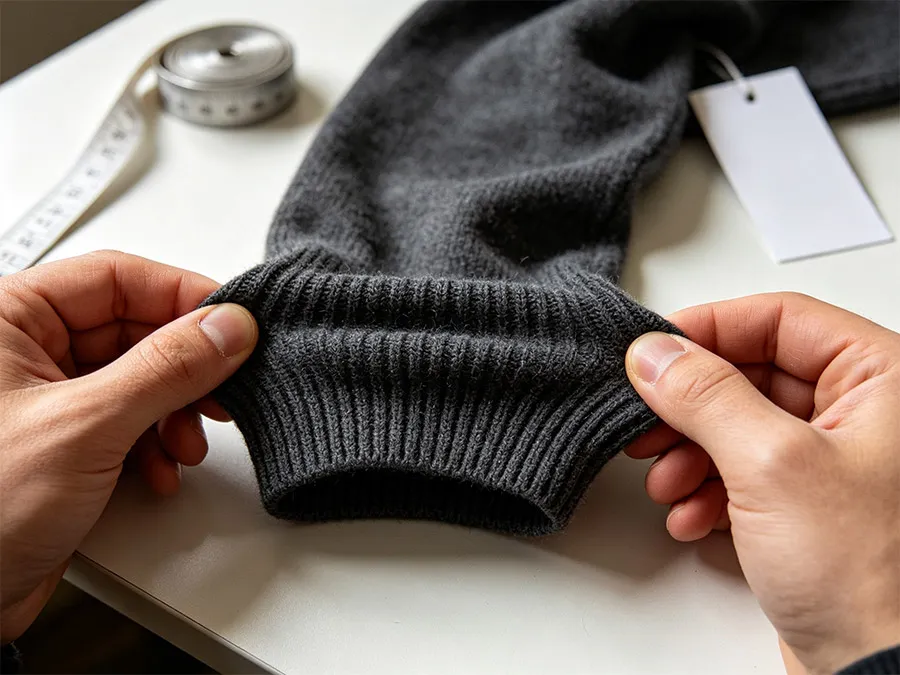 close up of worker testing elasticity on heavy gauge knit sweater sleeve cuff