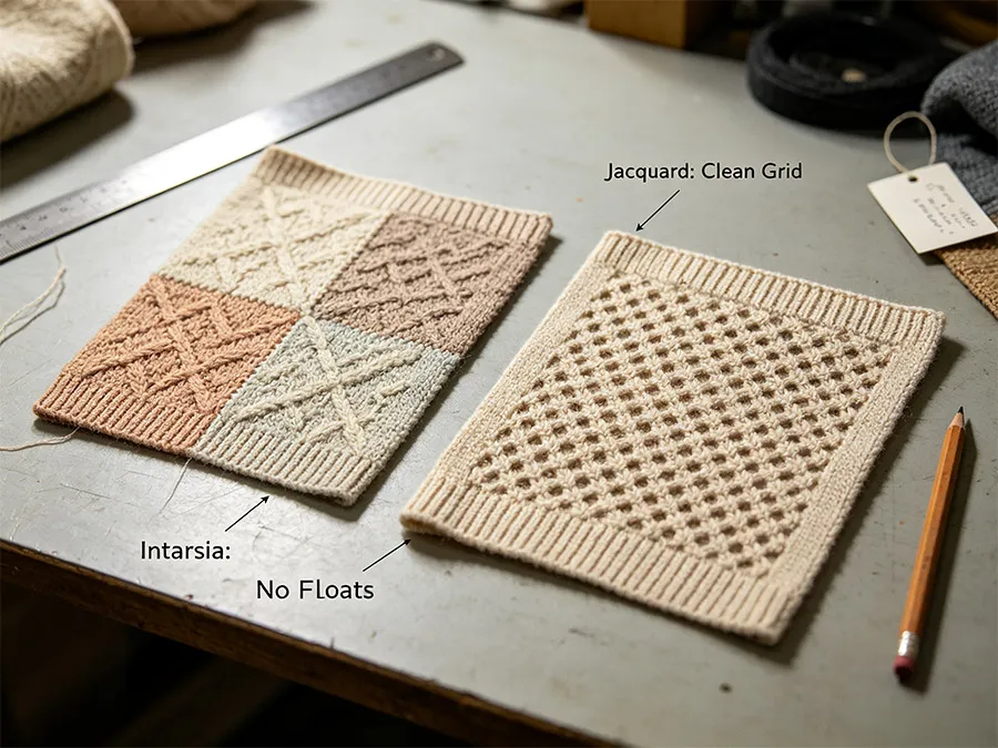 comparison swatch of intarsia vs double bed jacquard knit structure with no floats