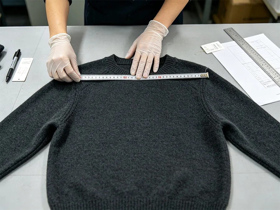 quality control worker measuring drop shoulder seam width on flat sweater garment