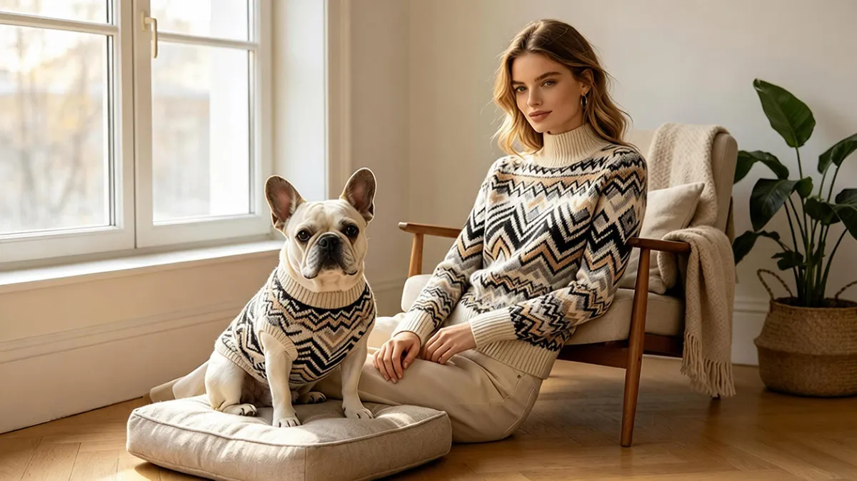 model-and-french-bulldog-wearing-custom-matching-geometric-jacquard-knit-pet-sweaters-manufactured-by-guangzhou-junma-apparel