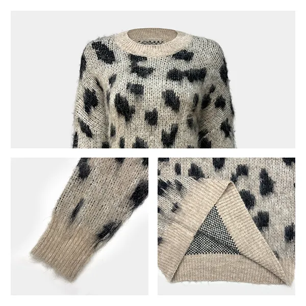 fuzzy spotted crew neck knit pullover knitting details