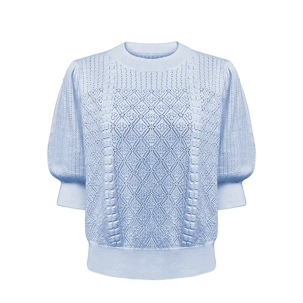 short sleeve geometric pointelle knit pullover blue