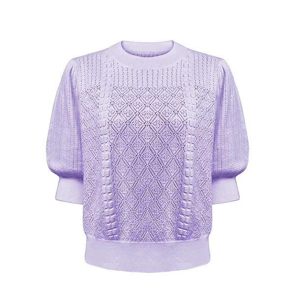 short sleeve geometric pointelle knit pullover purple