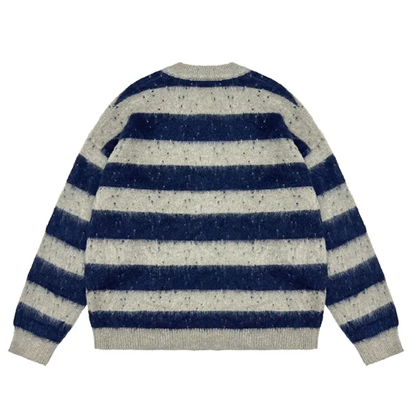 relaxed fuzzy striped knit cardigan with button back