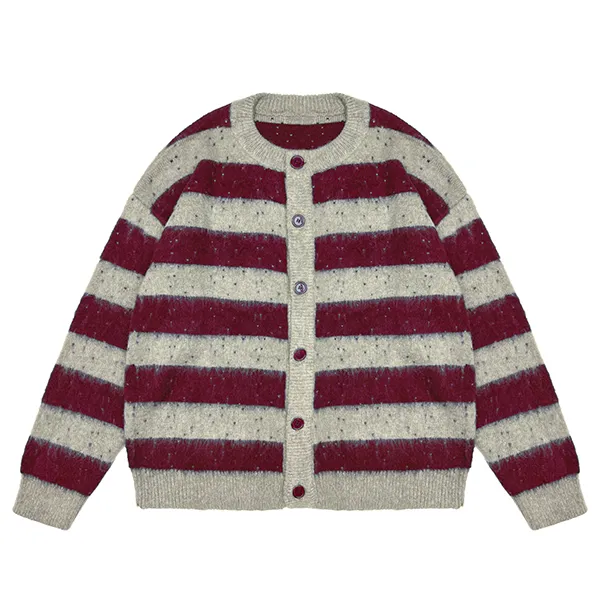 relaxed fuzzy striped knit cardigan with button red