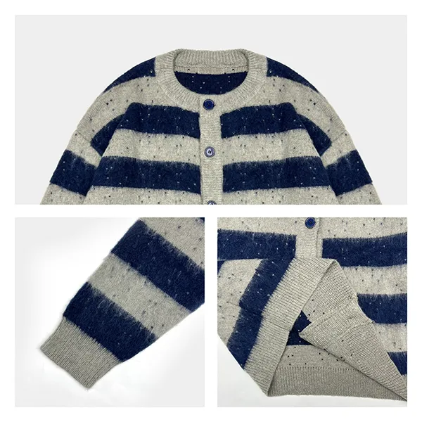 relaxed fuzzy striped knit cardigan with button knitting details