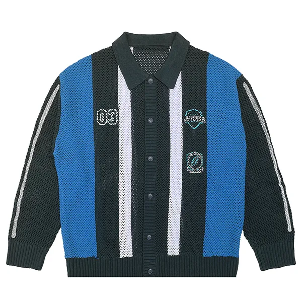 color blocked mesh knit polo cardigan with patches blue