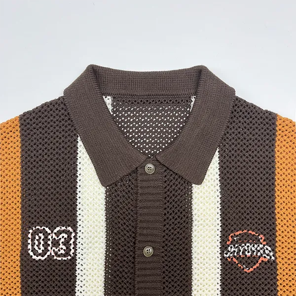 color blocked mesh knit polo cardigan with patches knitting details