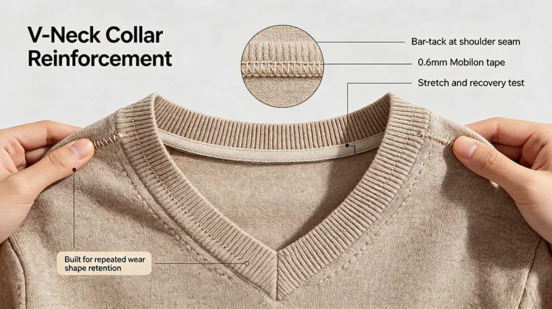Reinforced V-neck collar with Mobilon elastic tape and bar-tack stitching