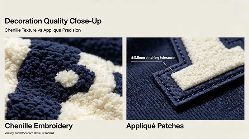 Custom chenille embroidery and appliqué patch on knitted football jersey