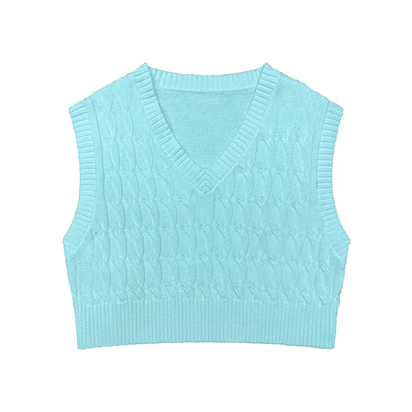 v-neck cable knit sleeveless crop vest cyan