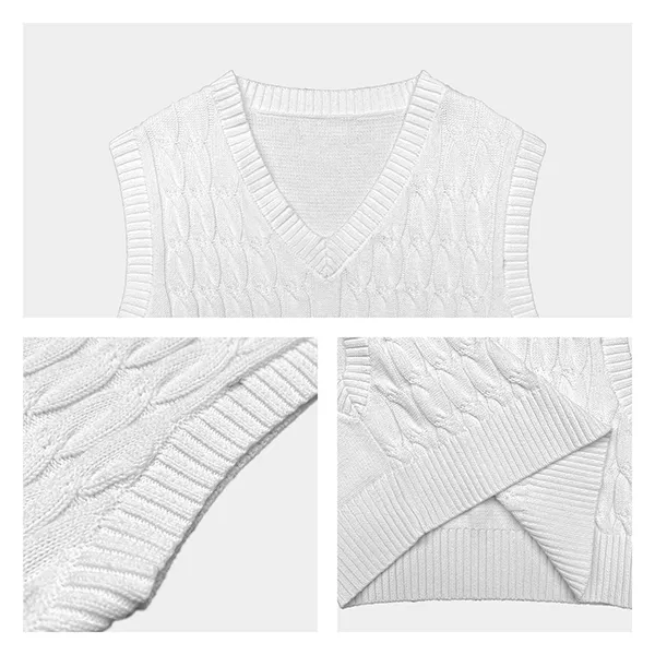 v-neck cable knit sleeveless crop vest knitting details