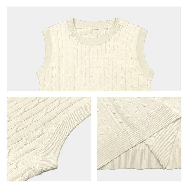 crew neck cable knit sleeveless vest knitting details