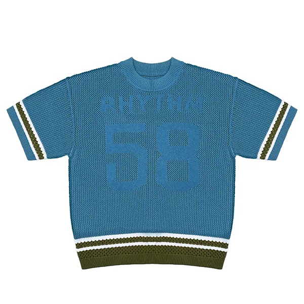 relaxed varsity knit jersey tee with striped trims blue