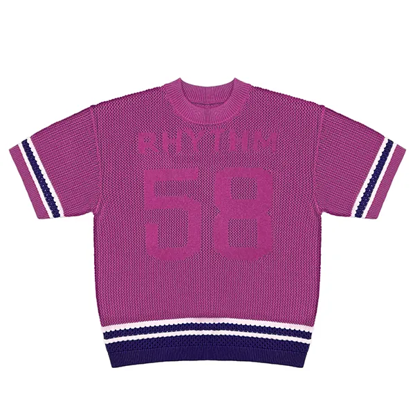 relaxed varsity knit jersey tee with striped trims purple