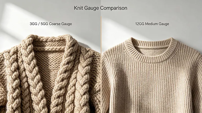 Side-by-side knit gauge comparison showing 3GG5GG coarse cable knit versus 12GG medium gauge ribbed sweater