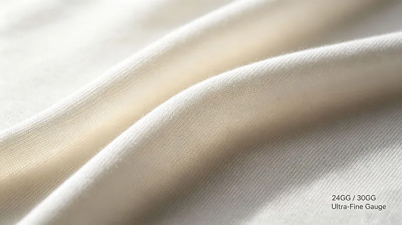 Close-up texture of 24GG30GG ultra-fine gauge knitted fabric showing a smooth, lightweight weave