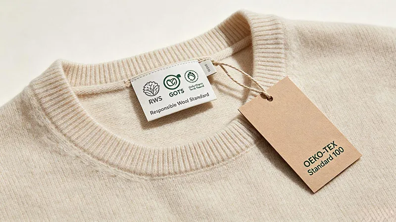 Sustainable knitwear labels showing RWS, GOTS, and OEKO-TEX Standard 100 certifications on a sweater collar.
