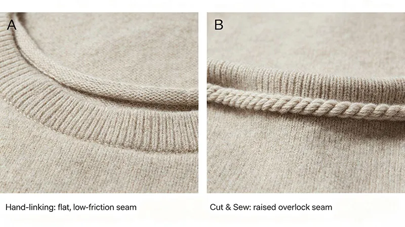 Sweater seam comparison between flat hand-linking (A) and raised cut-and-sew overlock seam (B)