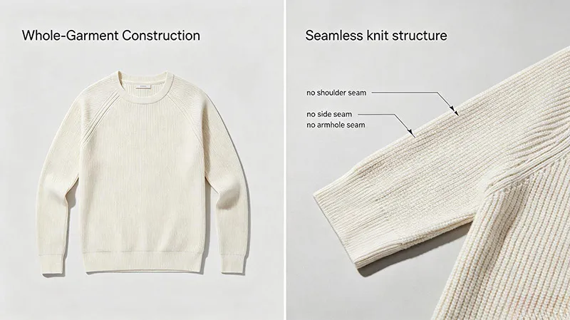 Whole-Garment 3D seamless sweater construction highlighting no shoulder, side, or armhole seams